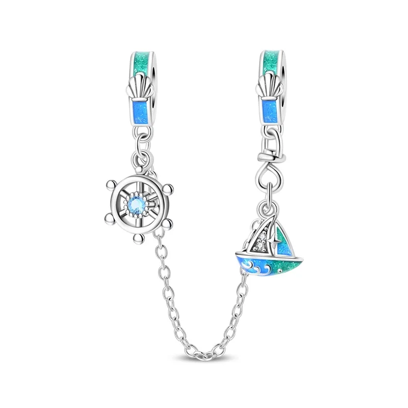 

New 925 Sterling Silver Ocean Travel Sailboat Star Safety Chain For Women Fit Original Bangle Bracelet Jewelry Gift