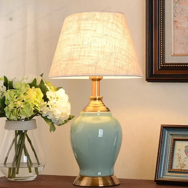 

American Style Green Ceramic Table Lamp For Bedroom Living Room Chinese Warm Bedside Lamp