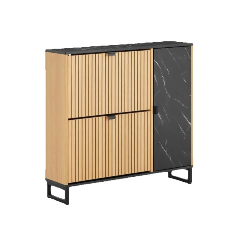 SoBuy FSR203-N Schuhschrank Schmal 2 Klappen, Schuhkipper Platzsparend für Flur, Schuhschrank Schwarz mit Marmor & Holz, Kommode für Schuhe, Schrank