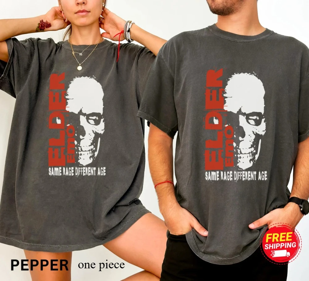 

Elder Emo Tee Distressed Skull Pop Punk Nostalgia Clothing Graphic Short Sleeve Shirt Unisex Men Women All-Season