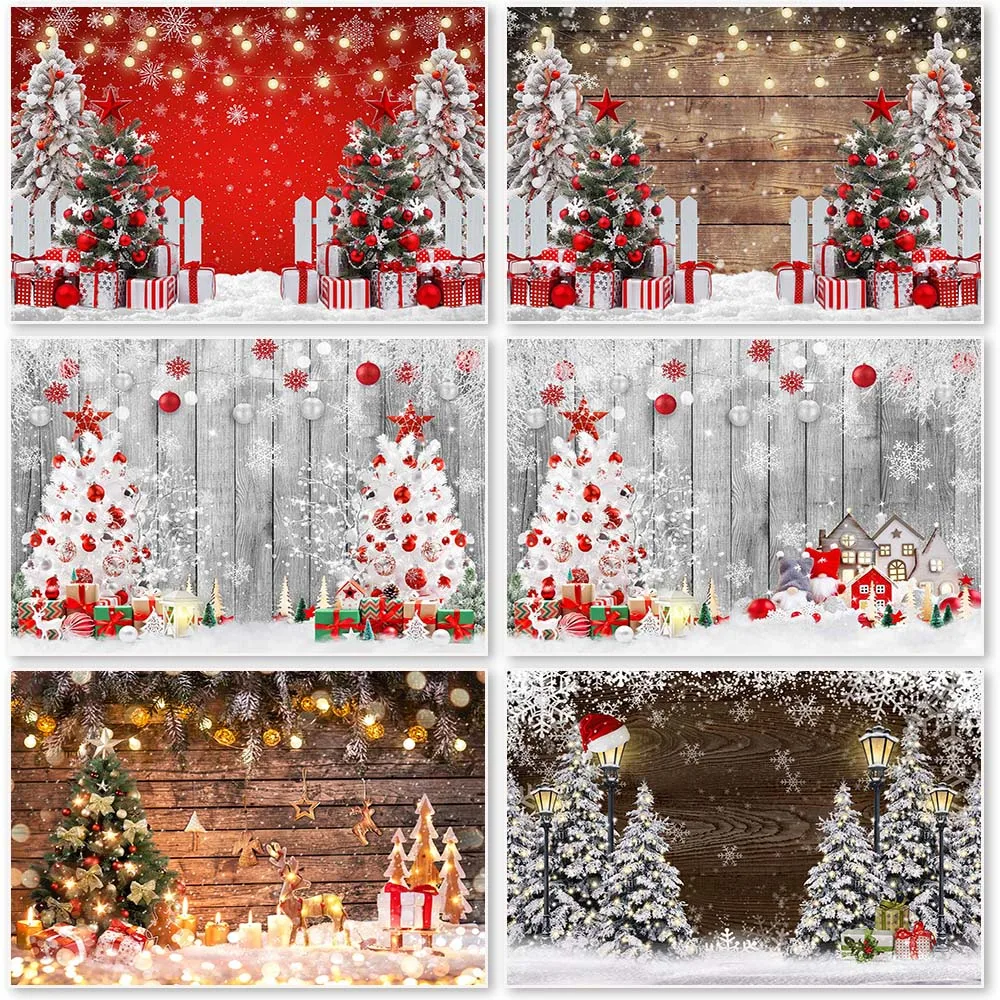 

Christmas Backdrop Rustic Wooden Snow Xmas Tree Photoshoot Children Kids Family Portrait Photo Props Studio Booth Background