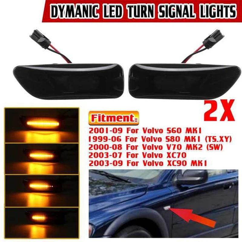 2X LED Flowing Side Marker Repeater Light Turn Signal Lights Lamp for Volvo XC90 S80 XC70 V70 S60 MK1 2 2001-2009 Smoked