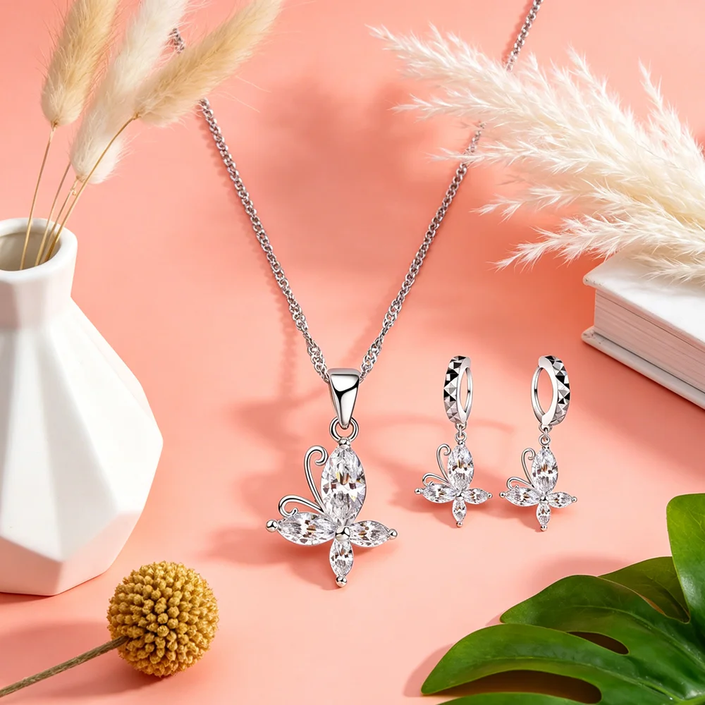 Genuine 925 Sterling Silver Cubic Zirconia Cute Butterfly Necklace Earrings Collier Brincose Wedding Accessories