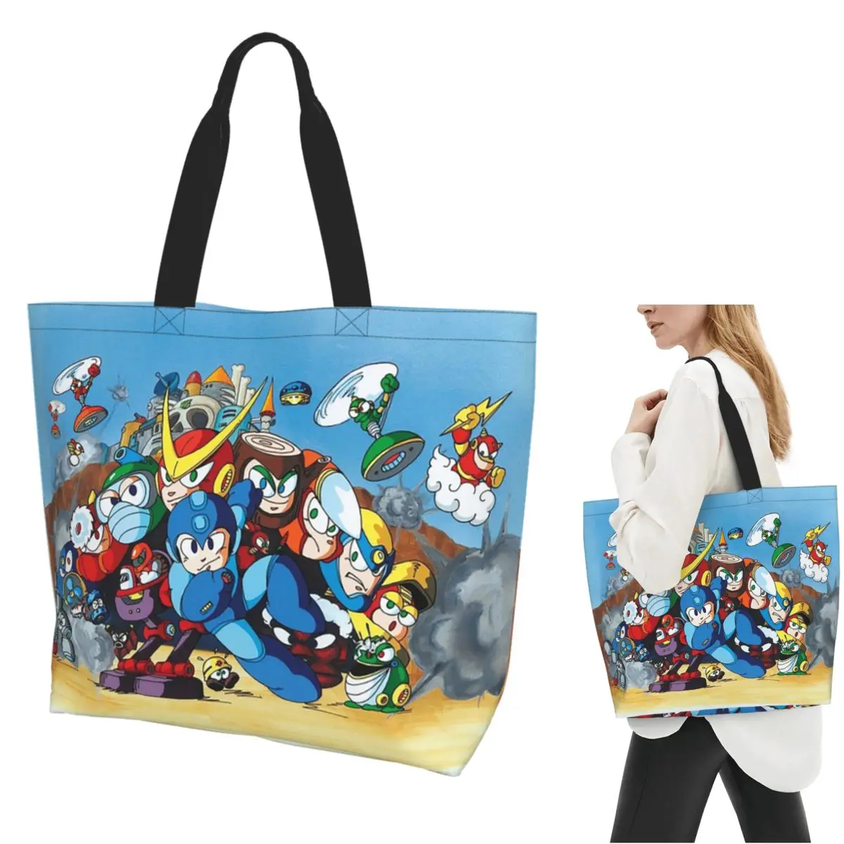 

Classic Megaman 2 Shopping Tote Bag Canvas Large Capacity Shoulder Bags Shopper Grocery Handbag for Women