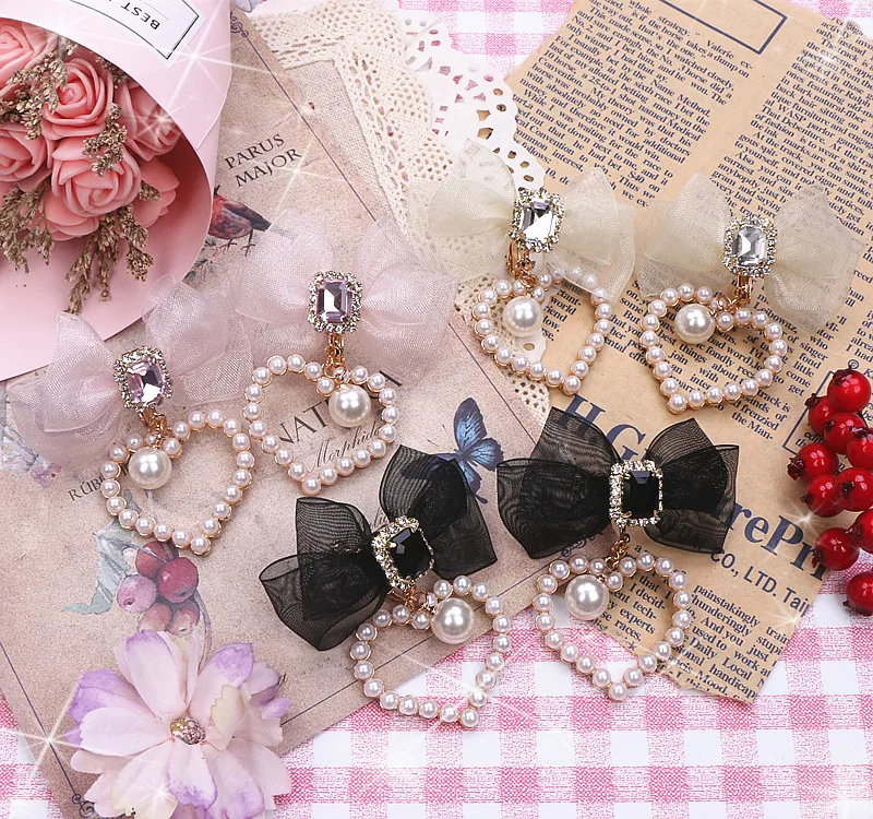 Pendientes de accesorios Lolita de estilo veraniego con Clips para sin perforación, pendientes hechos a mano con lazo suave, agujas de plata Larme Kei