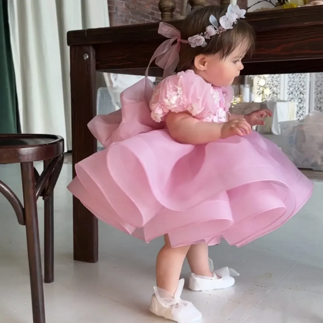 

Pink Customized Baby Girl Dress Puffy Flower With Bow For Wedding Birthday Party Lolita Christening Holy Communion Princess Gown