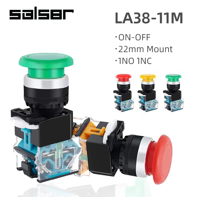 

LA38-11M/MT Mushroom Head Opening 22MM Reset Momentary Push Button Switch 10A Start Stop Red Yellow Green 1NO1NC