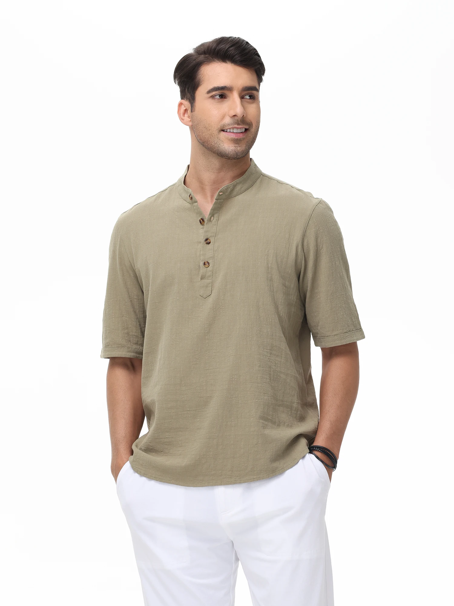 Summer Men's Casual 100% Cotton Henley Shirts, Solid Color Short Sleeve Hawaii Beach Shirts Daily Button Down Breathable Tee