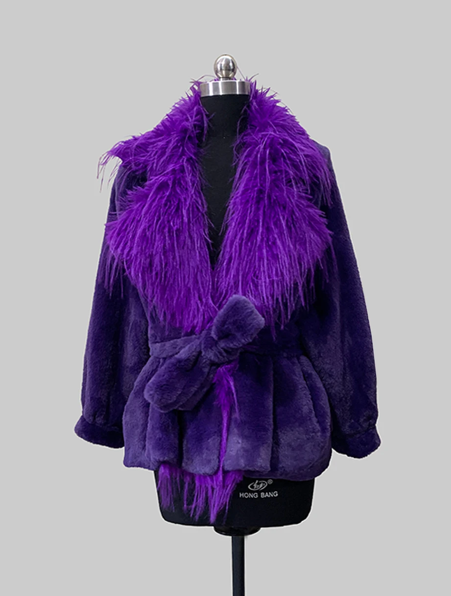 Nerazzurri Autumn Winter Short Purple Thick Warm Shaggy Faux Fur Coat Women with Faux Fox Fur Collar Sashes Luxury Fluffy Jacket