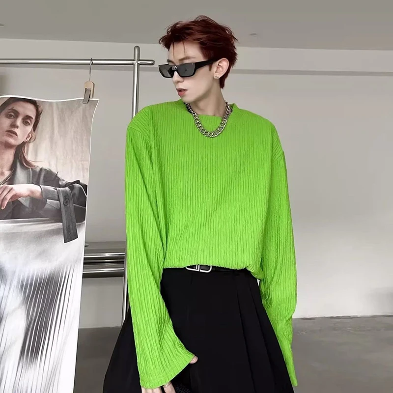 Men's Fashion Niche Design Loose Long Sleeve T-shirt, Textured Crew Neck Solid Color Casual Top, Trendy Spring Autumn Base Shirt