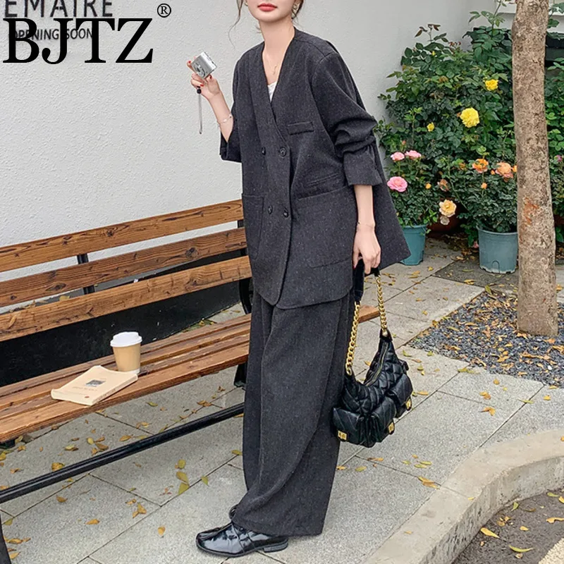 

BJTZ 2025 Spring New Dark Gray Long Sleeve Blazer Wide Leg Pants Two-Piece Set For Women Casual Office Lady Fashion Outfit