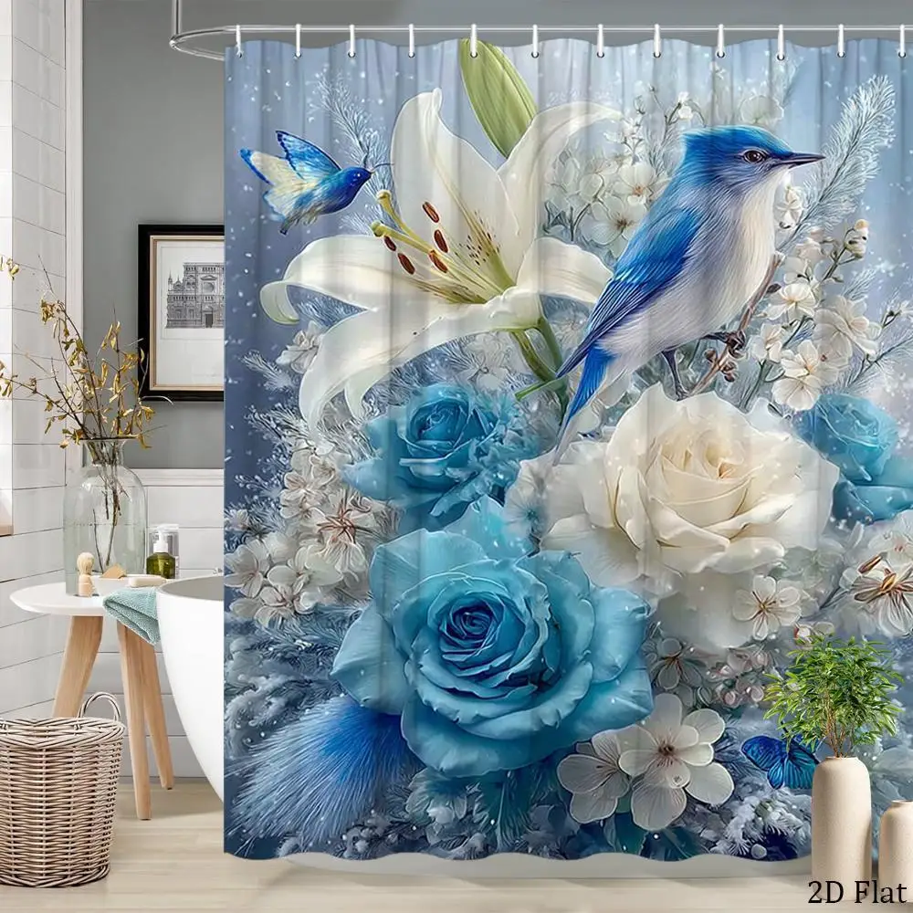 Elegant Blue Floral Nature Shower Curtain Watercolor Art Waterproof Bathroom Decor Luxury Tropical Bird Design