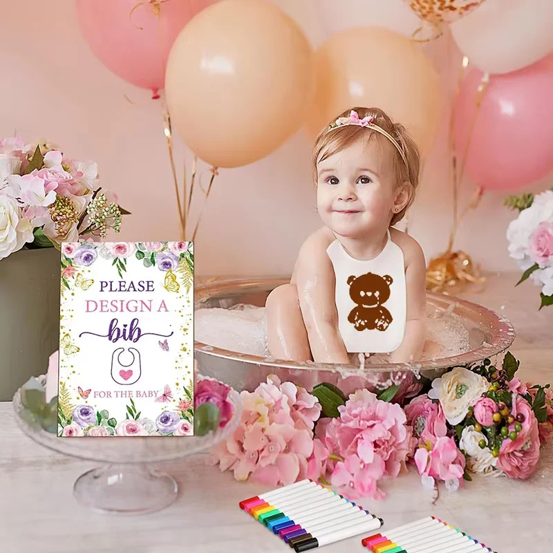 6-30Sets Baby Shower Games Bibs Bodysuits White Newborn Bibs for Gender Reveal Party Supplies with Fabric Colorful  DIY Markers - view 5