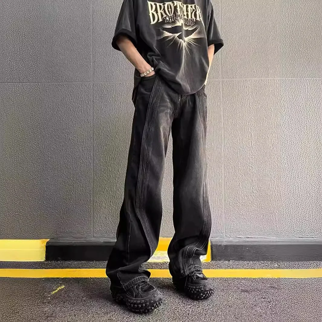 Vintage-Jeans im amerikanischen Stil mit High-End-Feeling, lockere Passform, gerades Bein, weites Bein, drapierte lange Hose für Herren und Damen