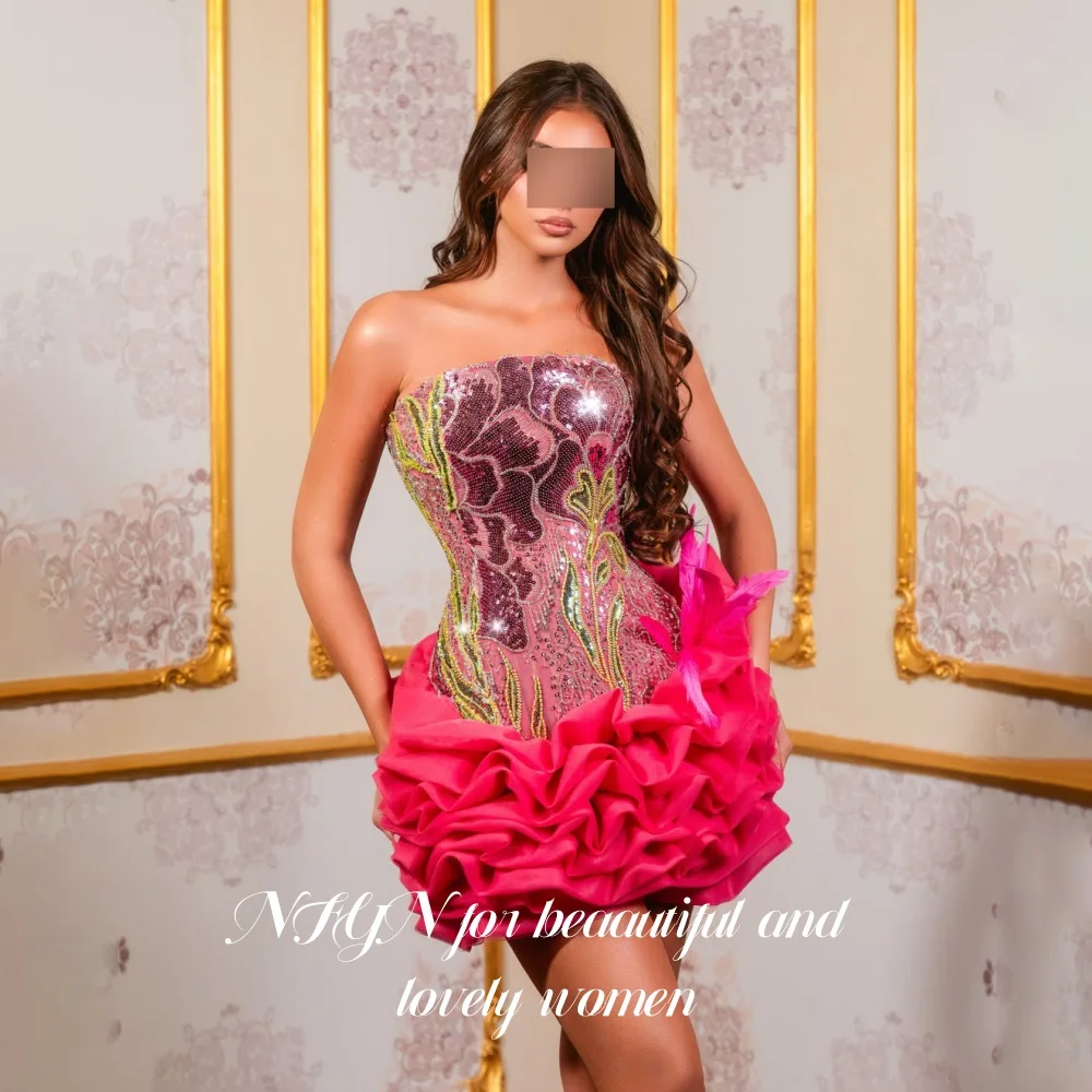 NFYN Fabulous Fuchsia Strapless Short Mini Prom Dress Beaded Sequin Floral Ruffled Skirt Cocktail Homecoming Evening Customized