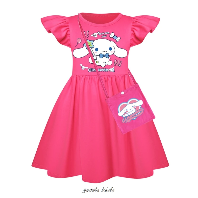 Hot Cinnamoroll Girl Dress Children Kawaii Print Dresses +Bag Princess Cartoons Casual Clothes Girls Flying Sleeve Kid Baby Gift