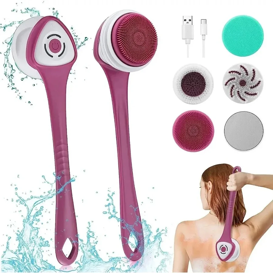 Electric Bath Brush 5-in-1 Long Handle Rechargeable Spin Body Facial Scrubber Back Rubbing Cleaning  Massage Spa Shower Brush