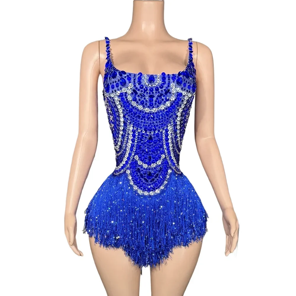 Sparkly Blue Rhinestones Tassels Bodysuit Women Sexy Show Performance Dance Costume Nightclub Outfit Singer Dancer Stage Wear