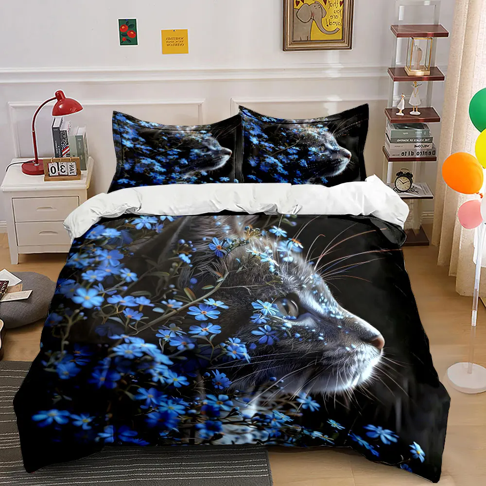 

Cat surrounded by blue flowers Printed Duvet Cover Set1 Duvet Cover+2 PillowcaseMulti Size Bedroom Bedding Decor Luxury gifts