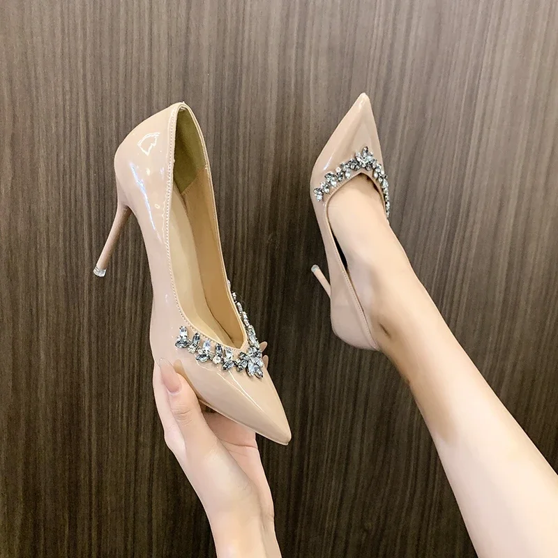 Women 2024 New Fine Heels Pointy French Temperament Rhinester Single Shoes Bridesmaids Wedding Shoes