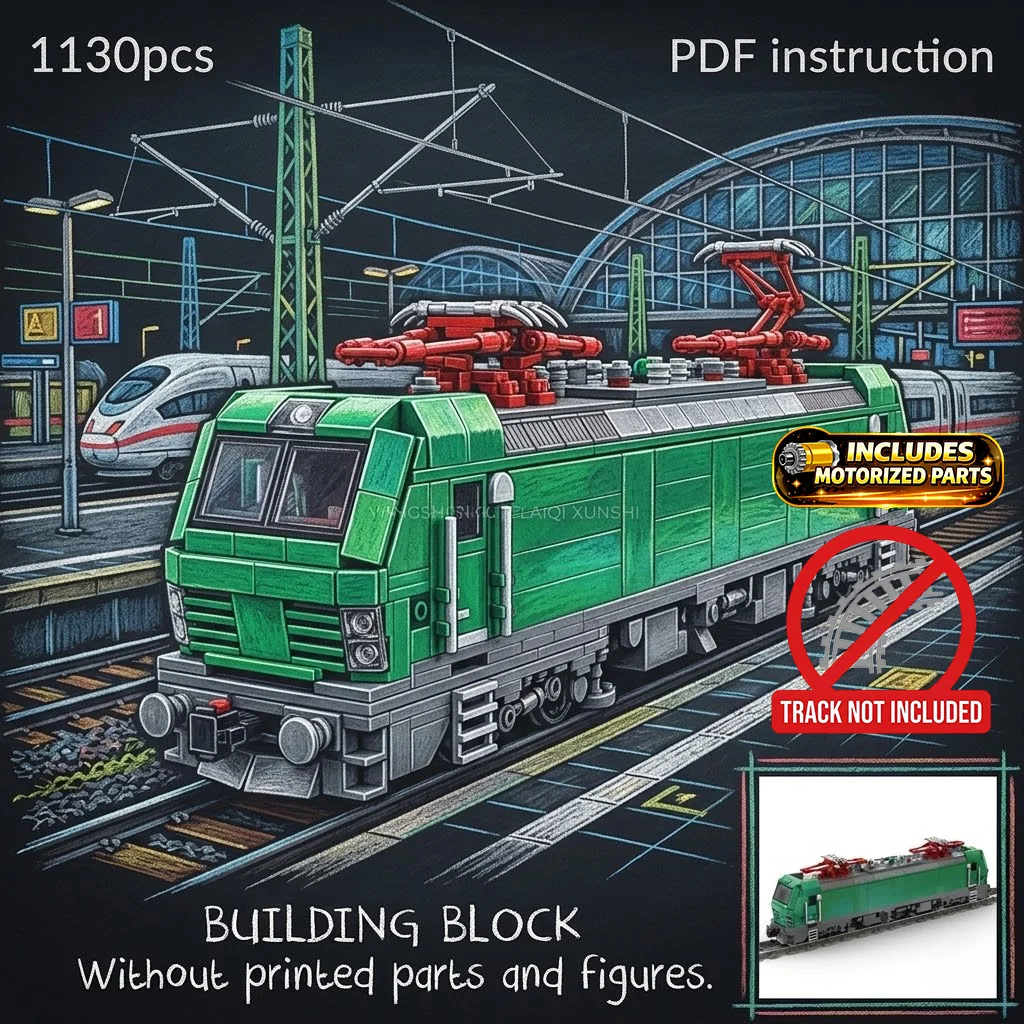

Зеленый электрический локомотив с двойными пантографами, высокоскоростной железнодорожный двигатель, модель MOC из блоков
