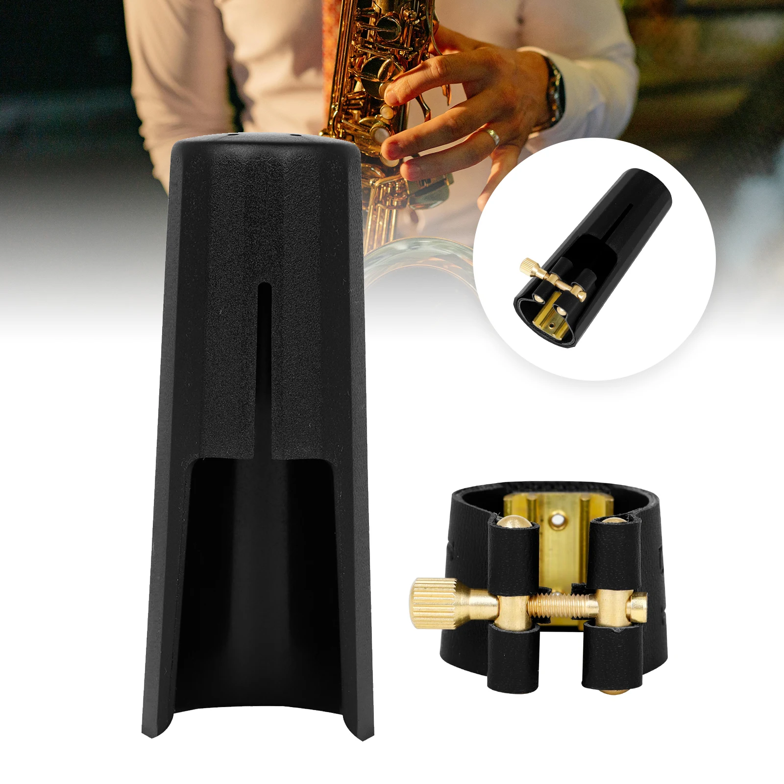 Plastic Saxophone Mouthpiece Cap & Leather Ligature Clip for Alto/Tenor/Soprano Saxophone, Saxophone Metal Ligature Fastener Kit