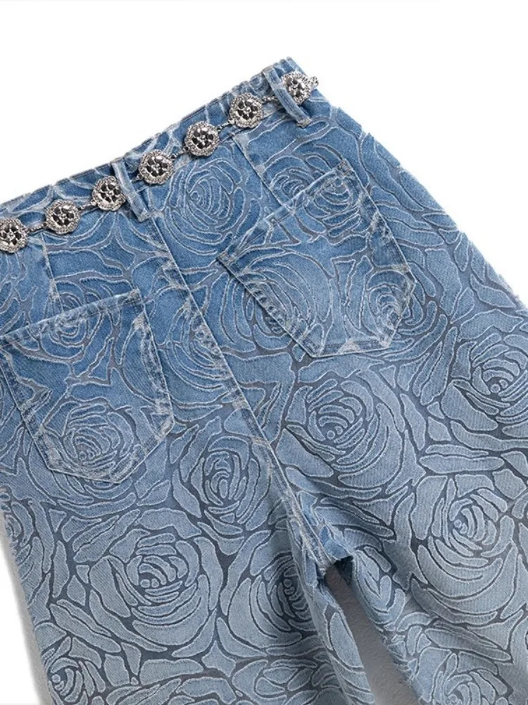 نمط جديد المرأة روز الجوف خارج واسعة الساق الكاحل طول الجينز الخريف موضة فضفاضة عادية مستقيم عالية الخصر سراويل جينز بانت #4