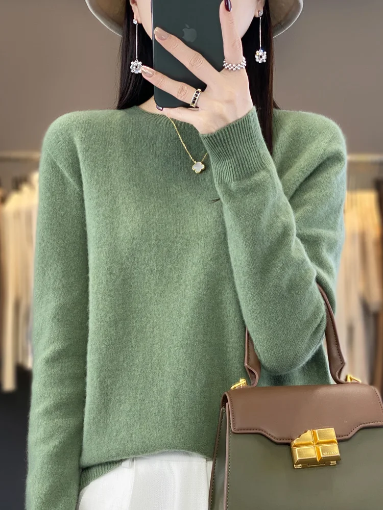 Long Sleeve Women Sweater O-neck Pullover Autumn Winter 100% Merino Wool Basic Solid Knitwear Feamle Clothing Bottom Shirt Tops