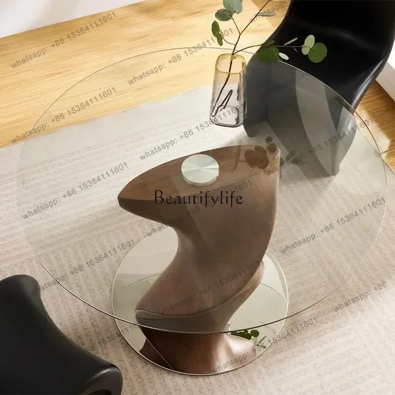 60.Walnut pattern dining table rotating glass small apartment household slate marble round table