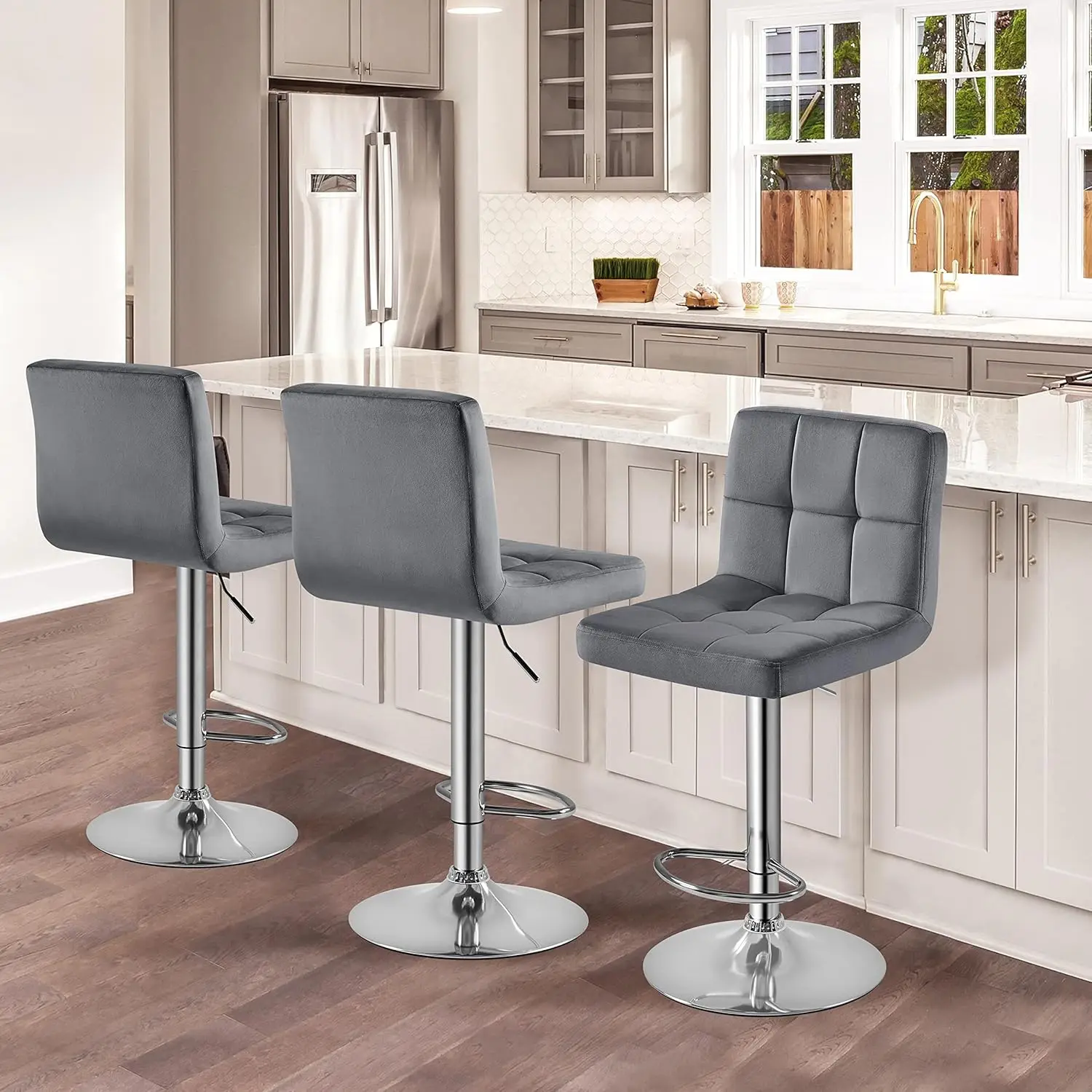 Yaheetech X-Large Velvet Bar Stools Adjustable Counter Height Swivel Stool Armless Chairs Set of 4 Bigger Base Velvet Dark Grey