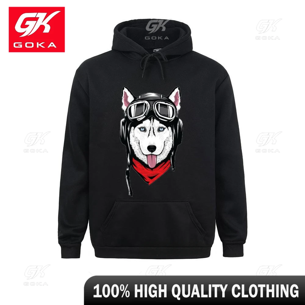 Husky with Helmet Printed Men's Sweatshirt Casual Hoodie Hipster Pocket Cute Siberian Husky Chihuahua Coats Cool Unisex Hoodies