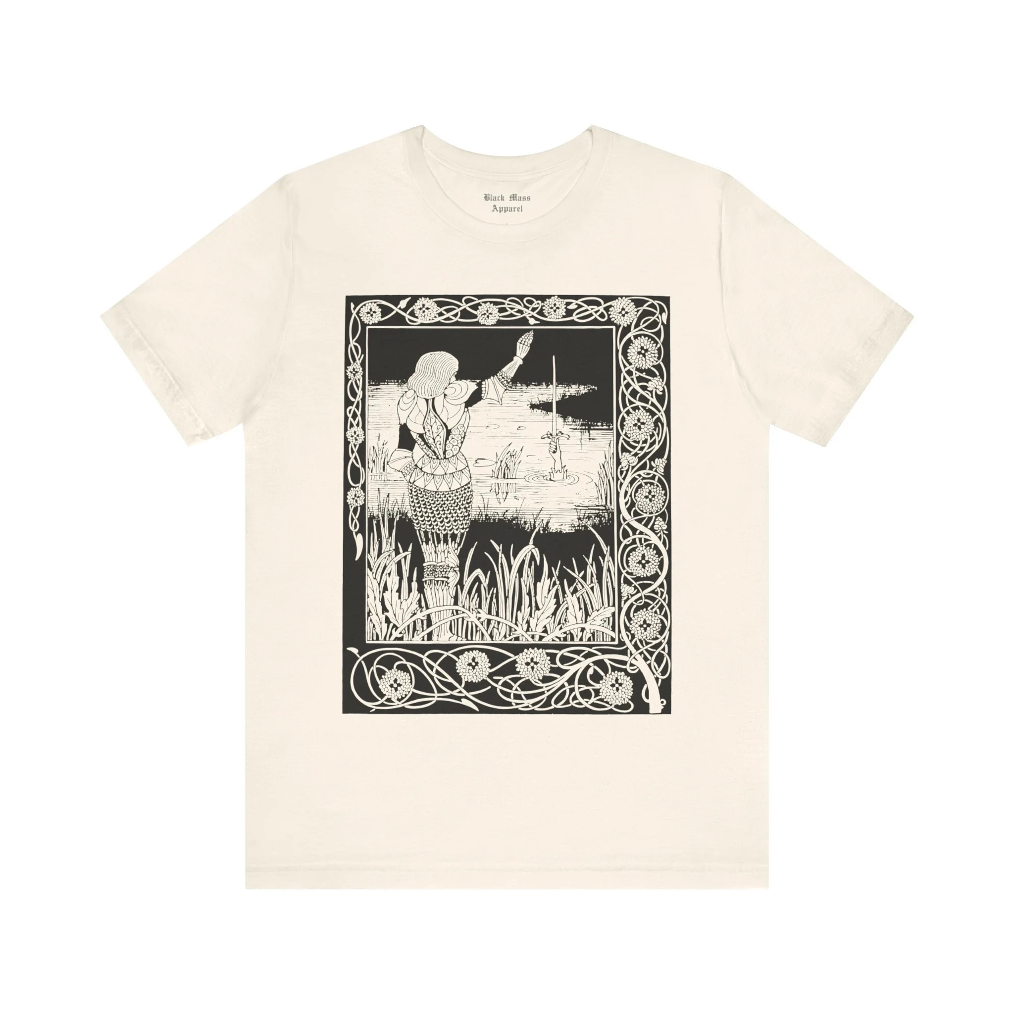 Excalibur in The Lake, Aubrey Beardsley T-shirt, Vintage Art Shirt, Ink Drawing, Art Nouveau King Arthur Jersey Short Sleeve Tee