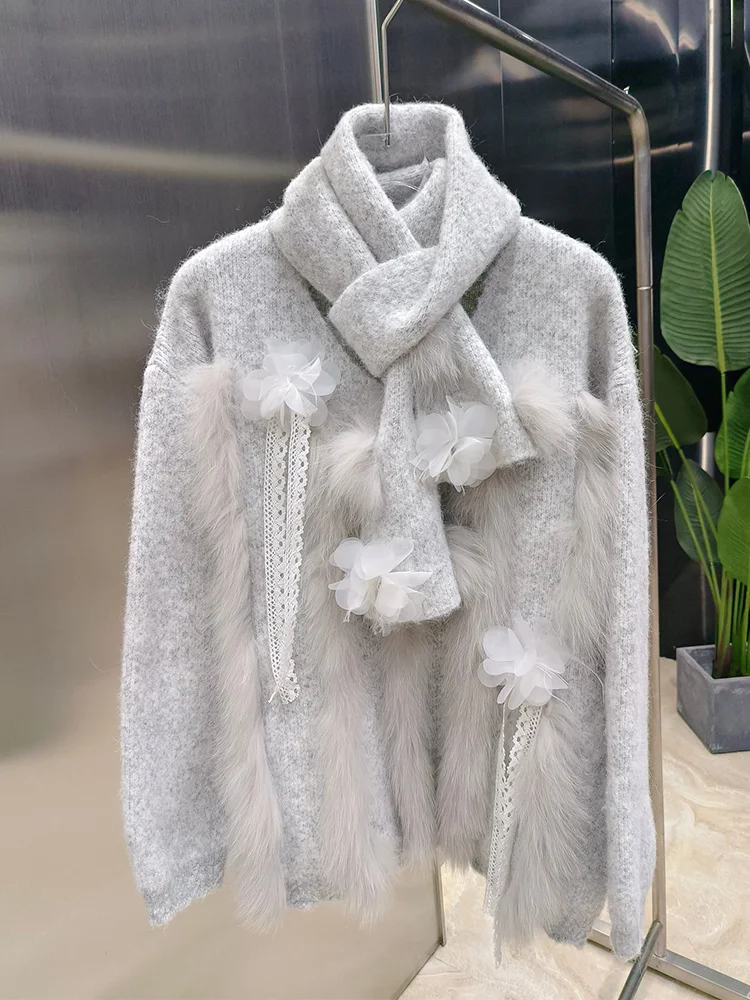 เสื้อคลุมคาร์ดิแกนไหมพรมดีไซน์ขนสุนัขจิ้งจอกแท้สำหรับผู้หญิง ฤดูใบไม้ผลิ ฤดูใบไม้ร่วง ปี 2025 พร้อมผ้าพันคอ แขนยาว เสื้อสเวตเตอร์หรูหราสำหรับผู้หญิง