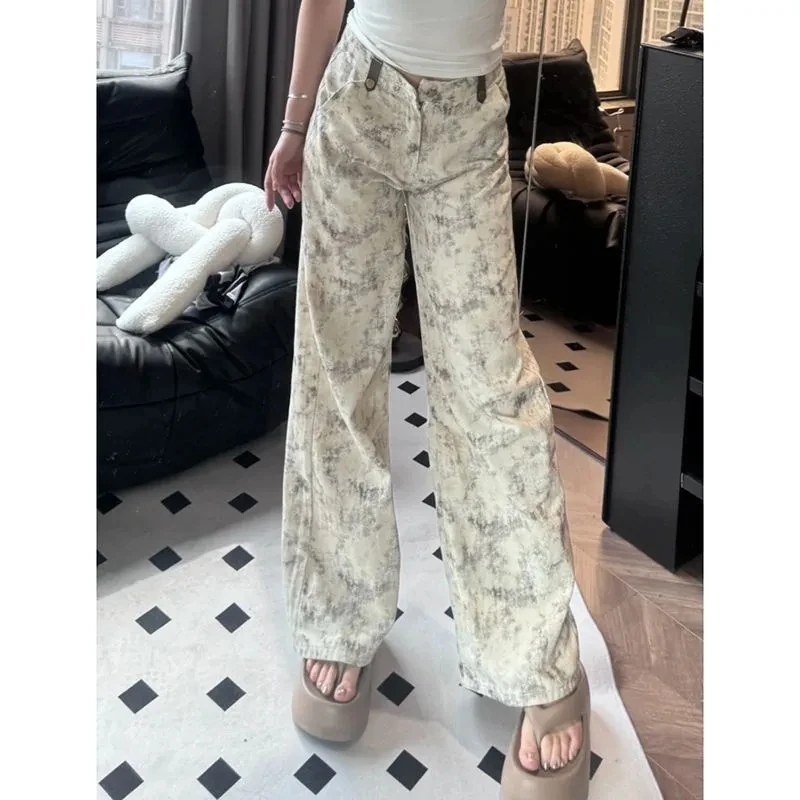 

American Tie Dye Printed Ccasual Wide Leg Jeans Fwomen in Spring and Autumn, New Loose High Waisted And Floor Hugging Jeans