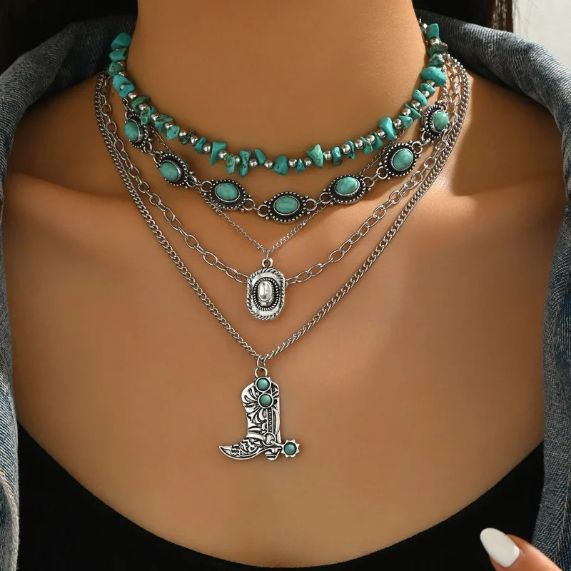 Ethnic style green necklace for women,vintage-style gravel sunflower inlaid with turquoise,multi-layer necklace with cowboy hat