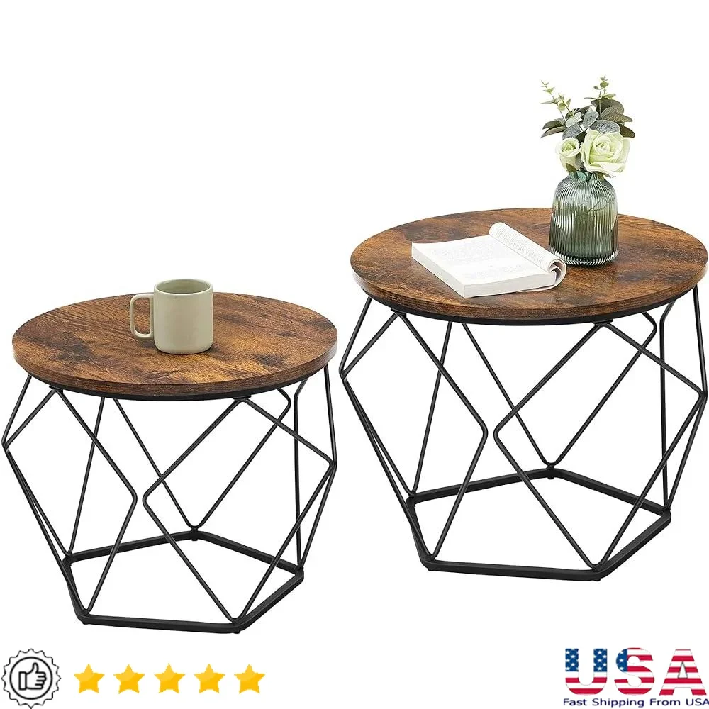

Set of 2 Round Coffee Tables Steel Frame Side End Tables Living Room Bedroom Office Rustic Brown Compact Easy Assembly Modern