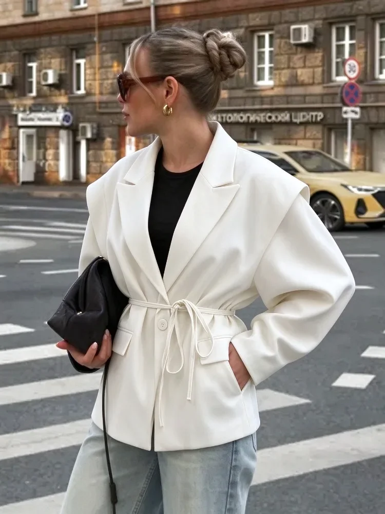 Chic Women Notched Lapel Blazer Jacket, Puff Shoulder Single Button Belted Waist Tie Cropped Suit Coat Casual Office Outerwear