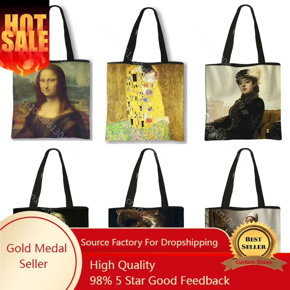 Famous Painting Spring Time / Portrait of An Unknown Woman / Mona Lisa Tote Bag Canvas Shoulder Bags Ladies Eco Shopping Bag