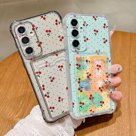 Cute Cherry Clear TPU Wallet Case For Samsung Galaxy S25 S24 S23 S22 S21 Ultra Plus S24 FE A56 A55 A54 A52 A15 A16 A36 A06 Cover