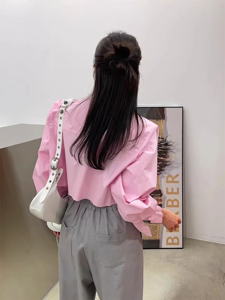 Luźna koszula damska z bawełny, kołnierzyk, wiosenna nowość, modna, uniwersalna, podwójny kołnierz, postrzępiony design.