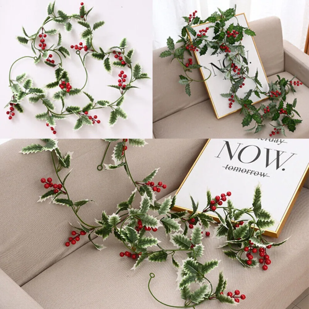 200cm Christmas Fake Red Berries Garland Artificial Greenery Holly Leaves Decor