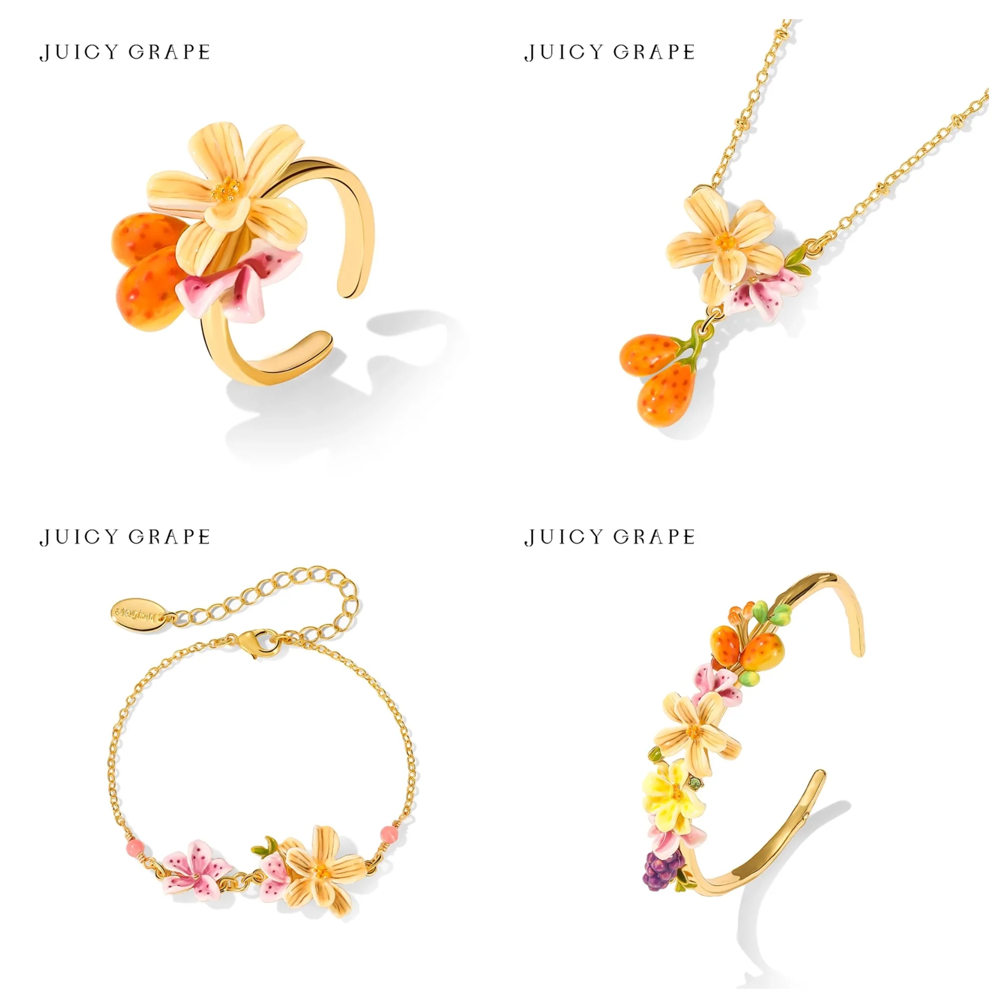 Juicy Grape Enamel Pear Blossom Grape Jewelry Set Ring Necklace Bracelet Gold Plated Boho Summer Gift for Women