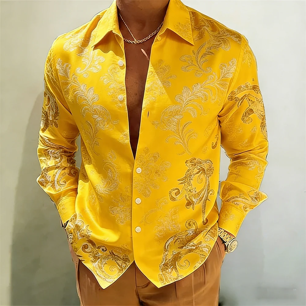 Men Yellow Golden Baroque Floral Print Long Sleeve Shirt Lapel Collar Button‑Up Polyester Party Blouse