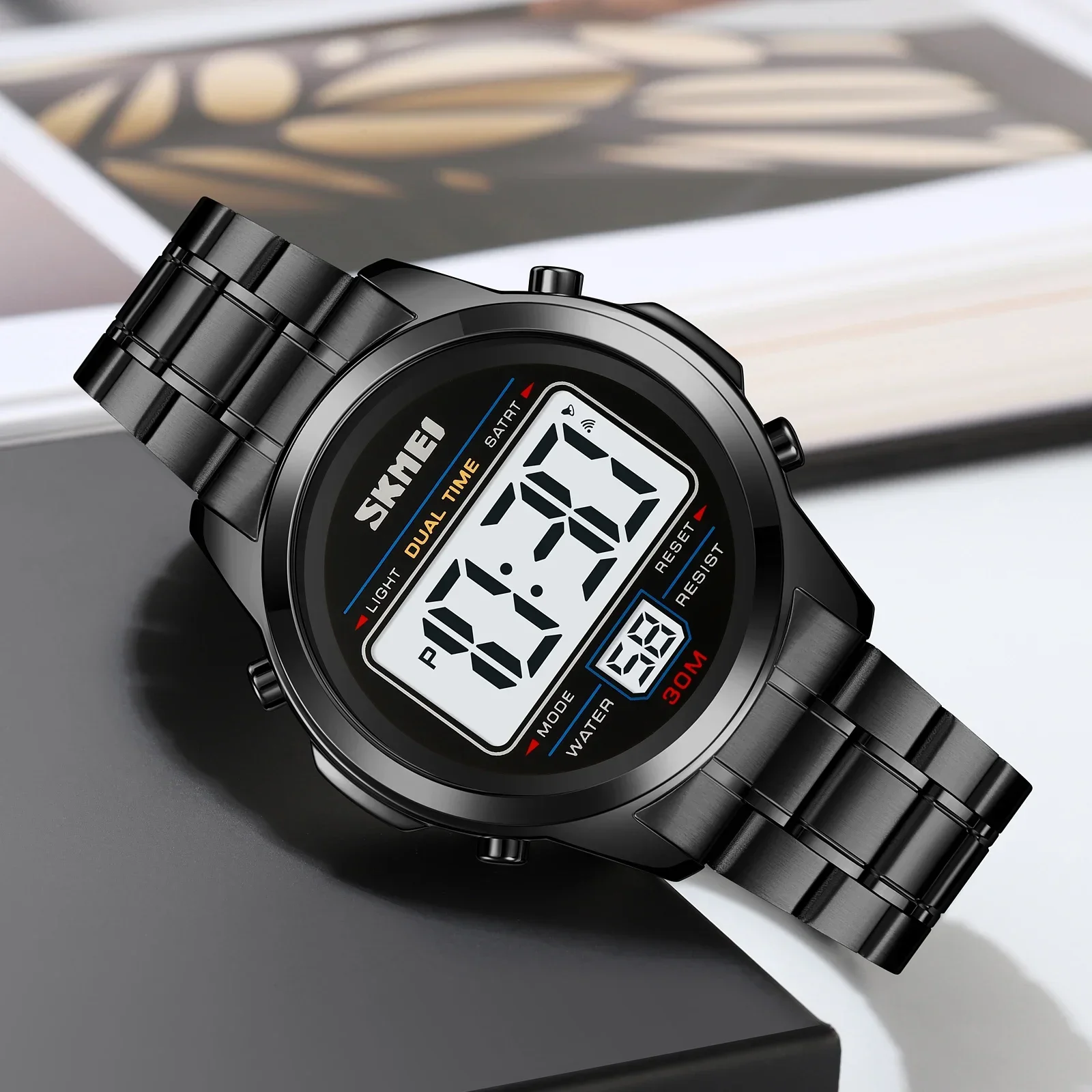 SKMEI Luminous Watch Stainless Steel Chrono Electronic Sports Watches Mens Waterproof Digital Wristwatch Alarm Date Week Clock