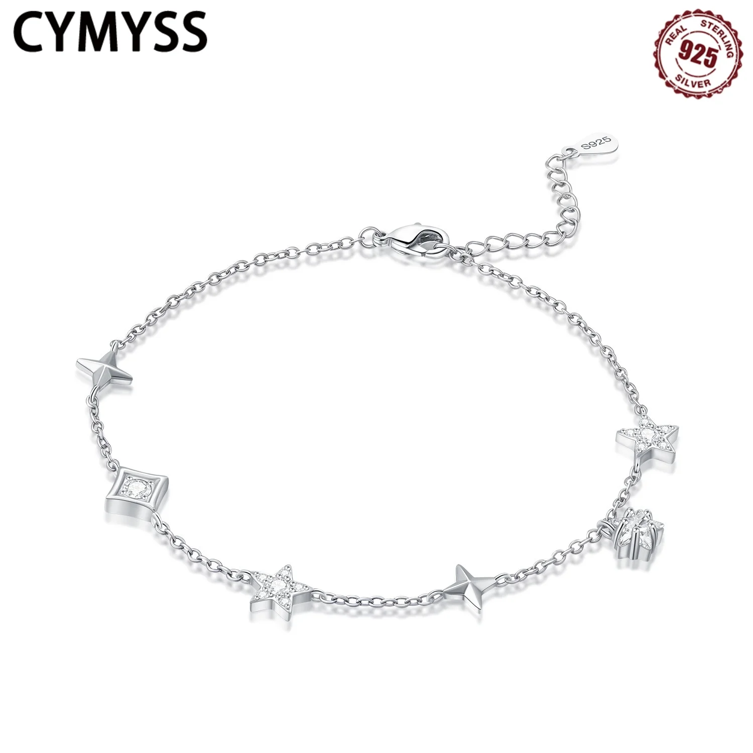 

CYMYSS 2025 New 925 Sterling Silver Asymmetrical Star Moon Zircon Lady Anklet Boutique Birthday Party Jewelry Gift Woman Anklet