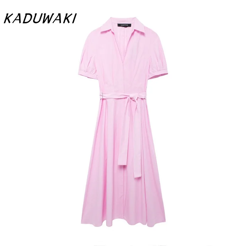 KADUWAKI Fashion Retro V-neck Short-sleeved Pink Shirt-style Madi Dresses Casual Belt Poplin Slim Y2k Vestidos De Tricô Femenino