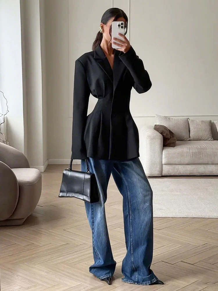 

Cutenew Elegant V-Neck Jacket Women Fashion Classic Sexy Ruched Button Full Sleeve Stretch Trend Party Banquet Streetwear