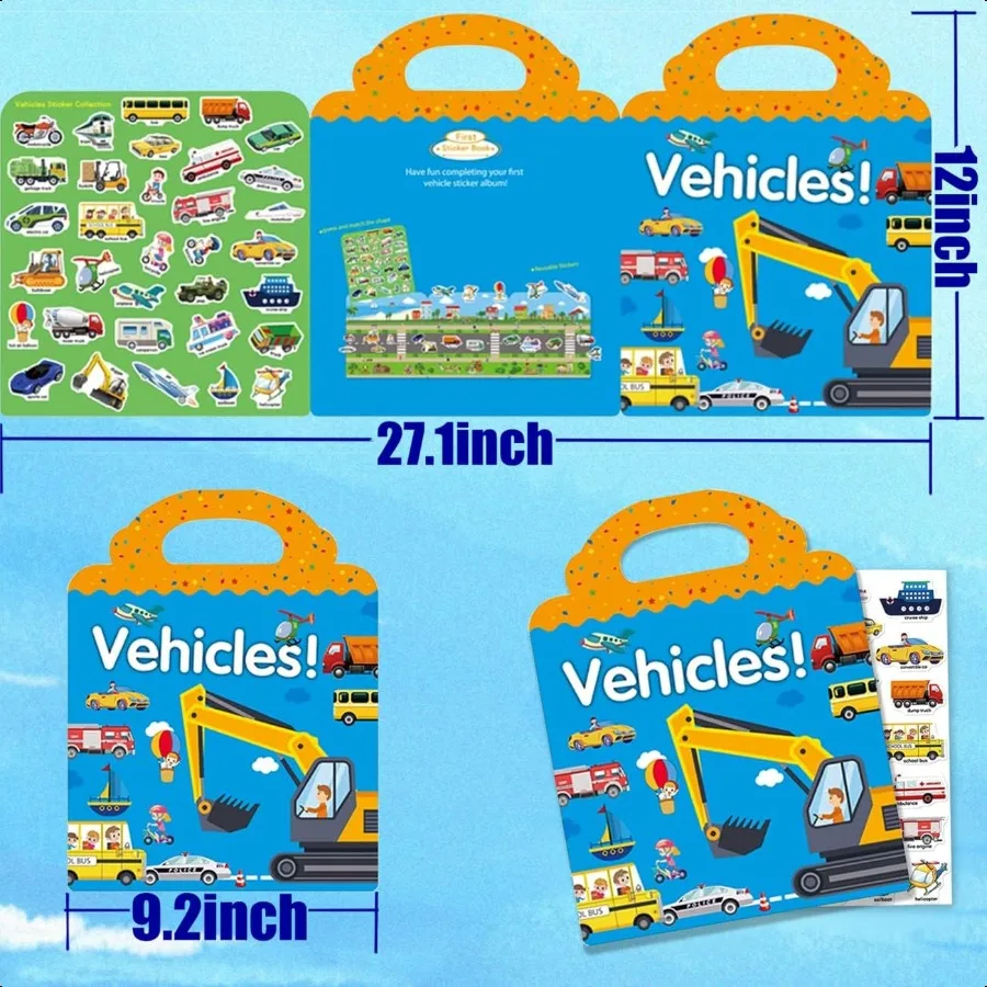 Livre d'autocollants réutilisables pour véhicules, camion, jouets éducatifs d'apprentissage, autocollants de voyage, livres d'activités pour petites filles Bo