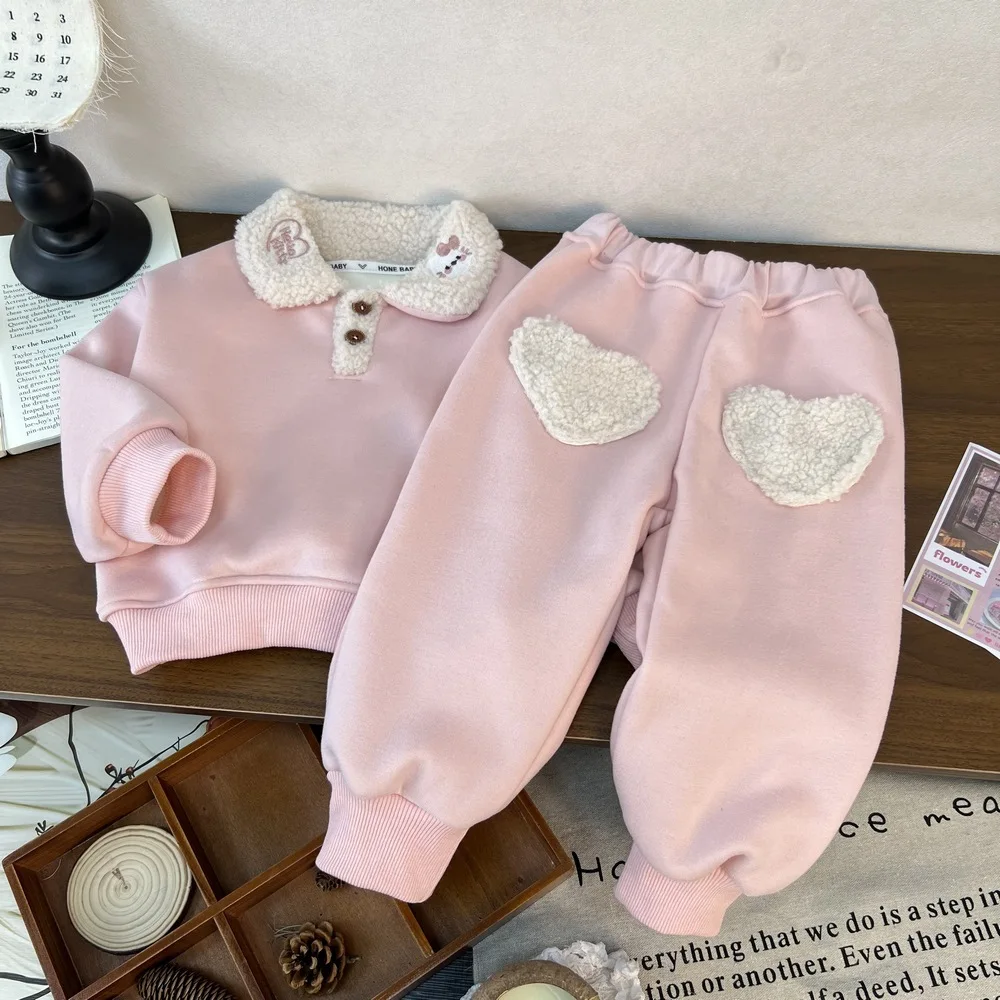 2025 Autumn Winter Girls Clothing Set Heart Print Lining Plush Thick Warm Lapel Sweatshirt+Pants 2Pcs For 2-8Y Kids Casual Suit