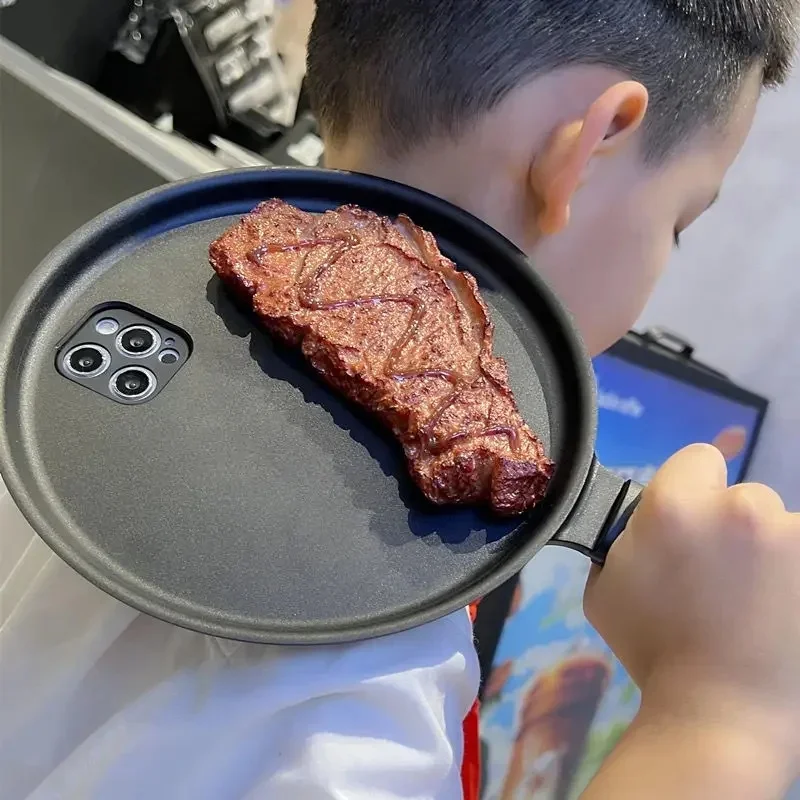 3D flat bottomed phone case, fun simulation steak phone case, suitable for iPhone 18 17 16 15 14 13 ProMax soft silicone cover.